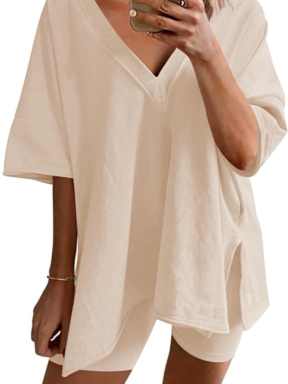 Ekouaer Lounge Set L Beige Biker Shorts Set V Neck Oversized Comfy